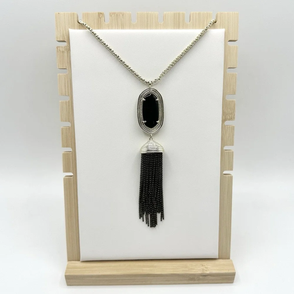 Kendra Scott Rayne Necklace Black Tassel Pendant Long Goldtone Chain